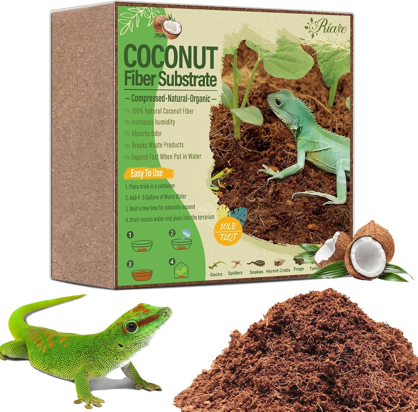 Riare 2 Pack Natural Coconut Fiber Substrate for Reptile- Premium Compressed Coconut Husk Terrarium Bedding for Reptile, Tortoise, Frogs, Snakes Hermit Crabs, Burrowing Animals - Image 9