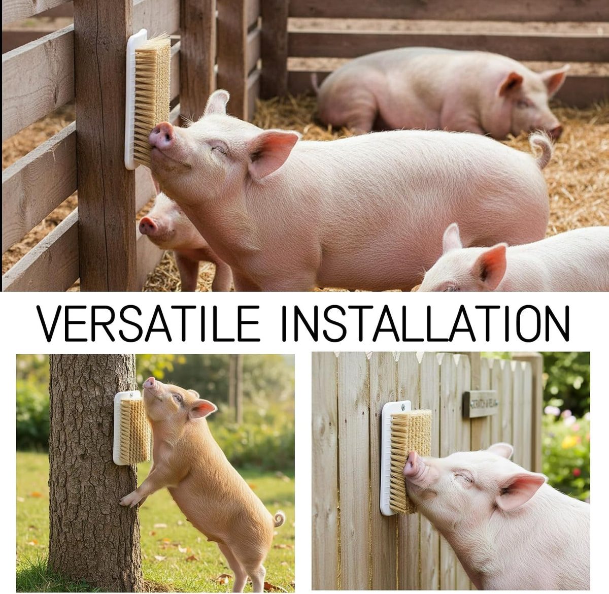 Pet pig using the Tizee self grooming scratch brush mounted on a wooden barn post.