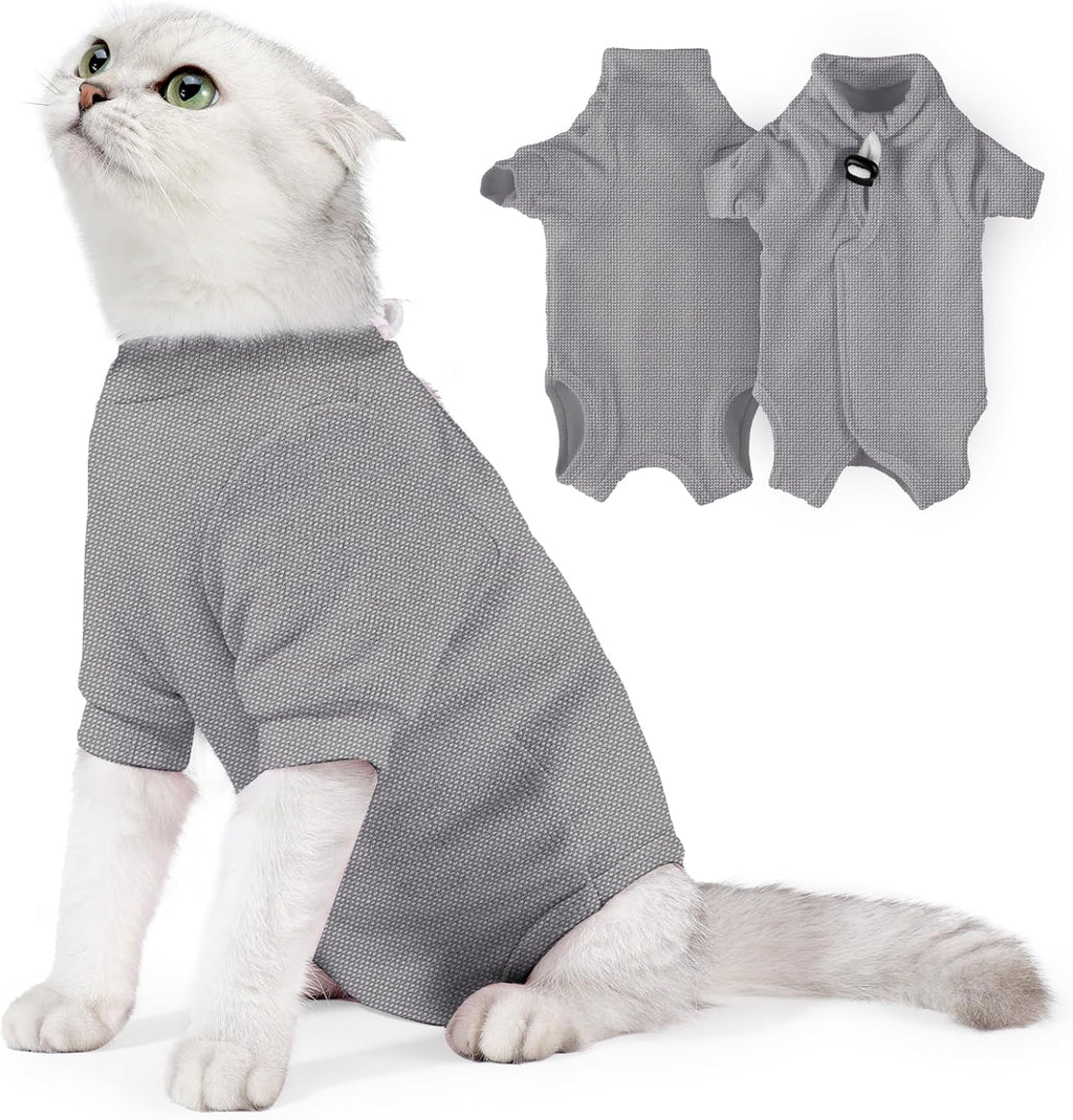Johnbolin cat surgery recovery suit in grey medium front view post spay protective wear