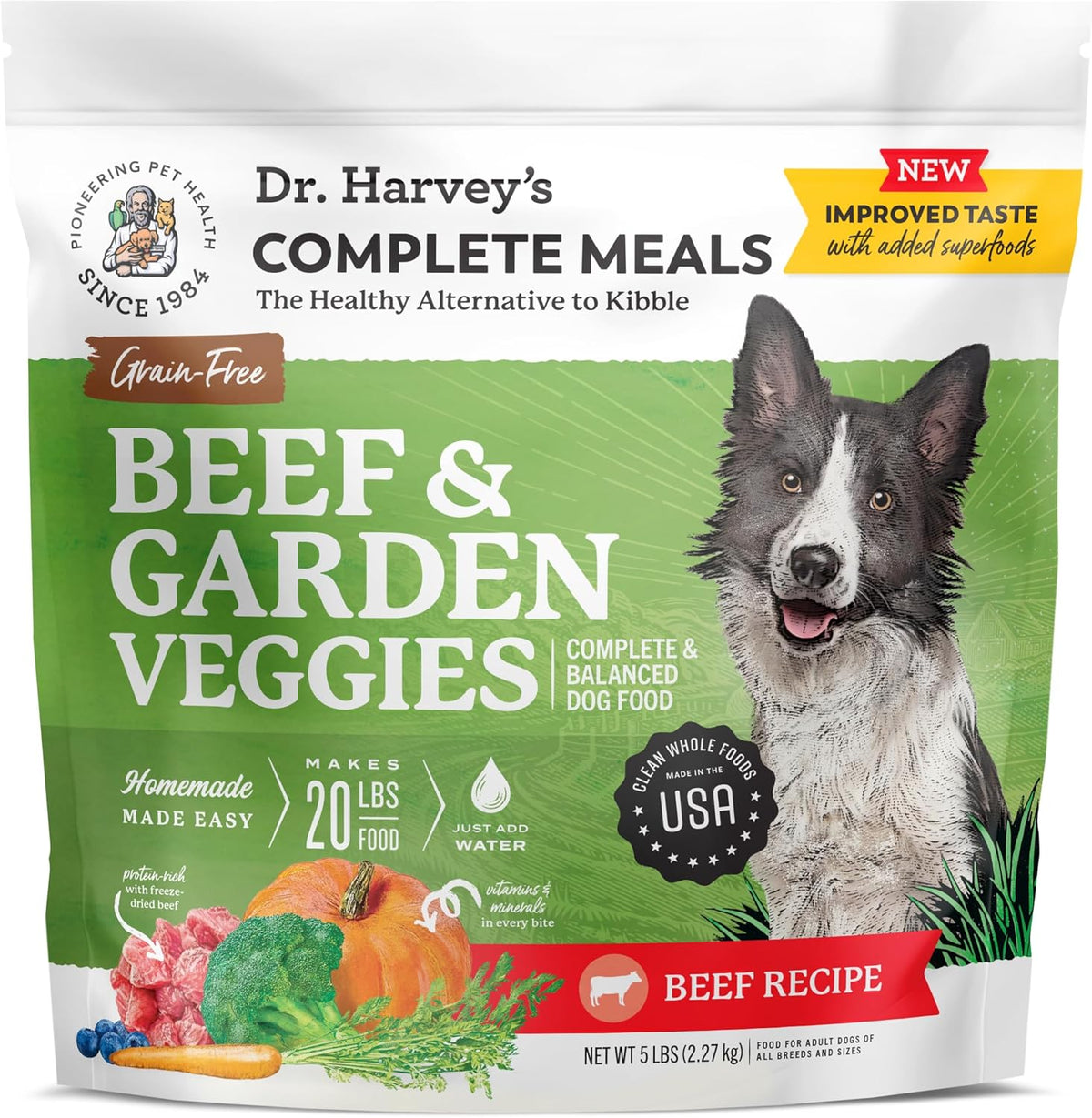 Dr. Harvey's Beef and Garden Veggies dehydrated dog food bag front view