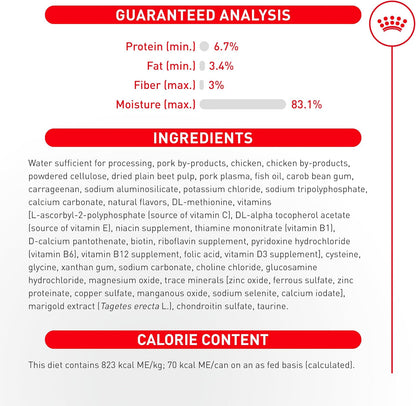 Close up view of the highly digestible protein loaf formula packaging from Royal Canin.