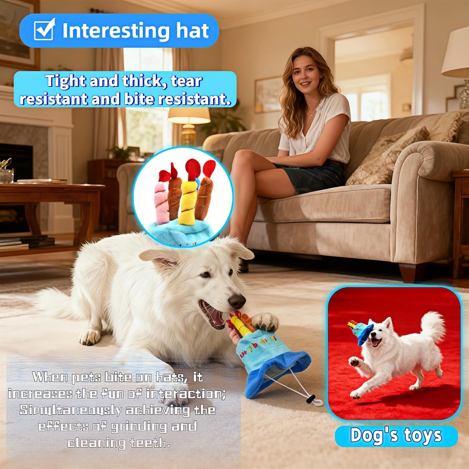 Blue plush birthday hat for dogs and cats with five candles