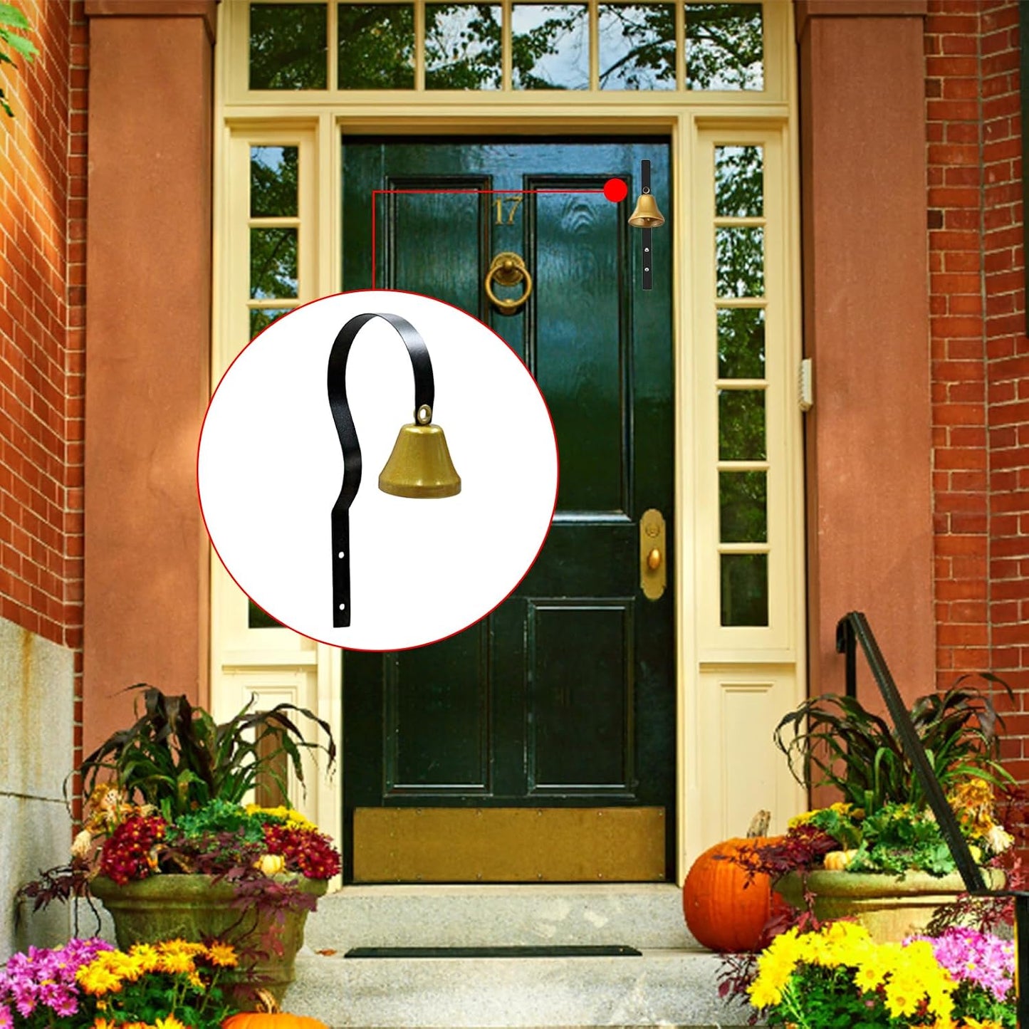Close up of brass bell with black wall mount bracket