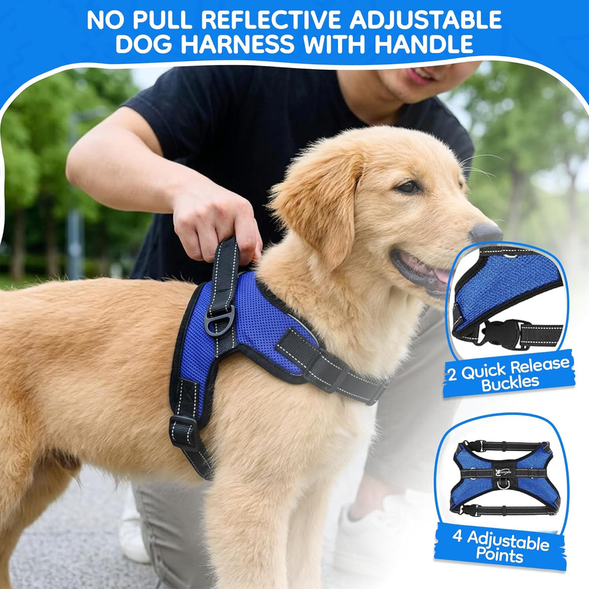 Copatchy dog harness front view in blue small size