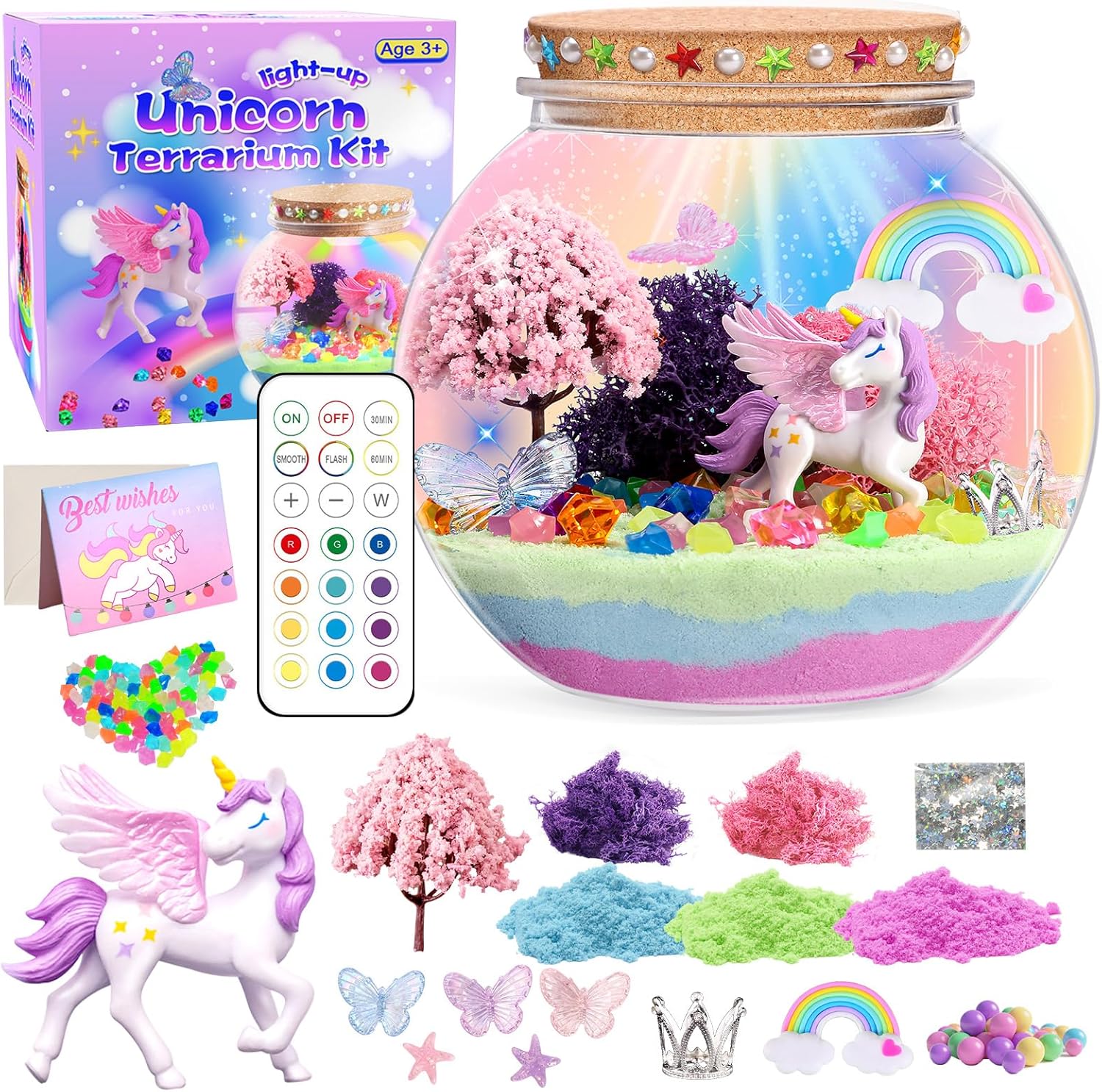 Kiddgroo Unicorn Light Up Terrarium Kit front view showcasing the fully assembled glowing night light jar.