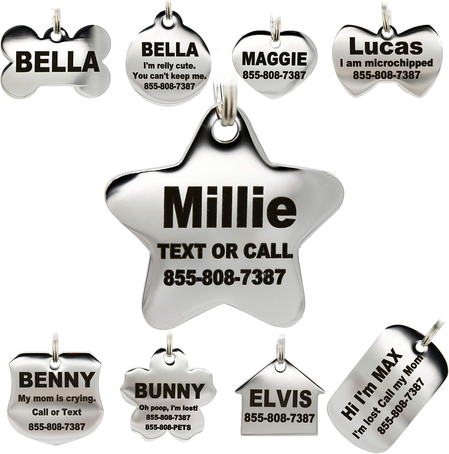 Stainless Steel Pet ID Tags - Engraved Personalized Dog Tags, Cat Tags Front & Back up to 8 Lines of Text - Bone, Round, Heart, Flower, Badge, House, Star, Rectangle, Bow Tie - Image 11