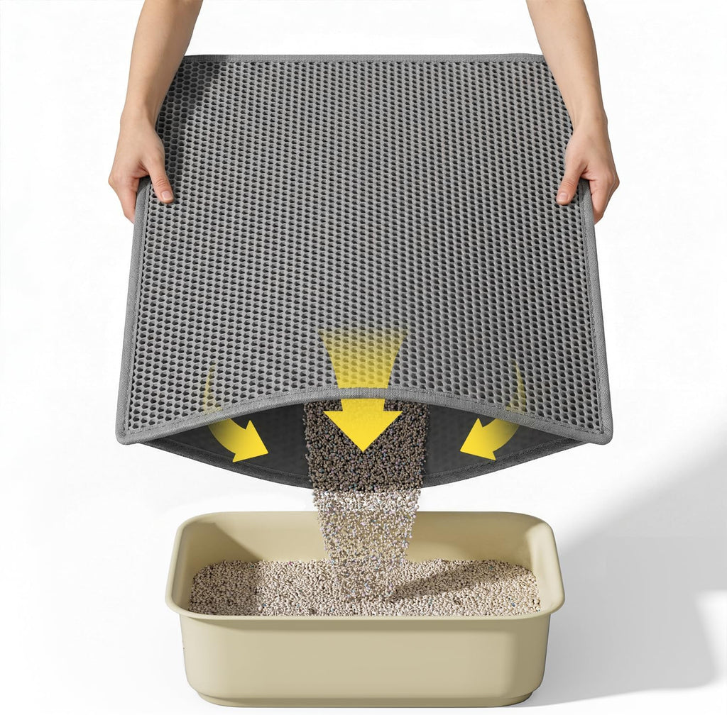 Kaxionage cat litter mat front view showing grey honeycomb surface.