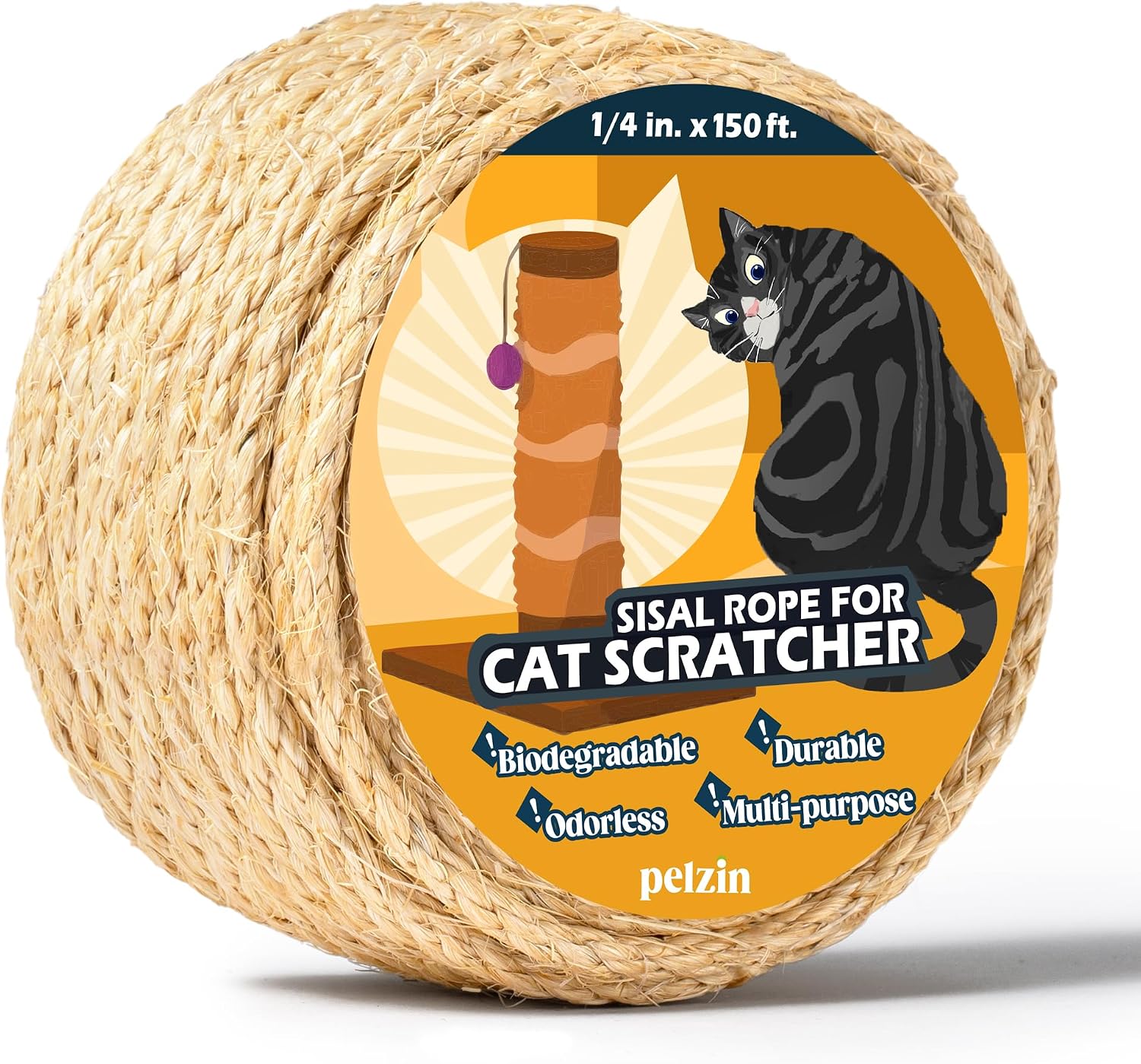 Pelzin Natural Sisal Rope for Cat Scratcher - 1/4 Inch by 50 Feet, Cat Tree Rope Twine for Scratching Post Replacement, Repairing, Recovering and DIY, White - Image 11