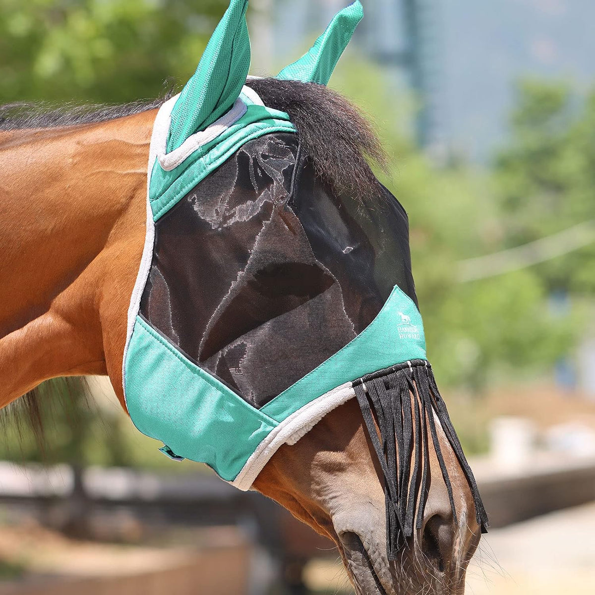Side profile of Harrison Howard fly mask on a horse