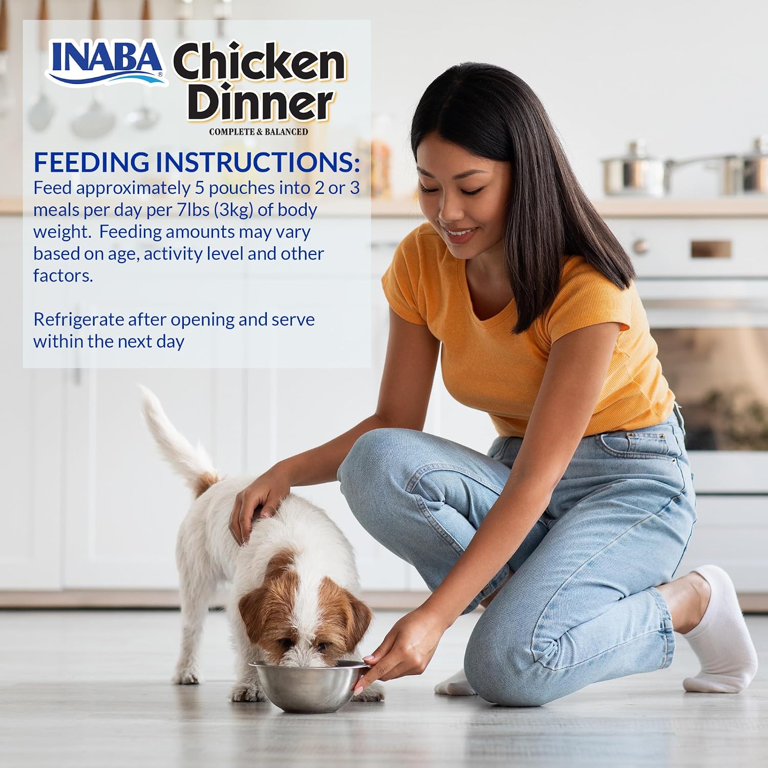 Premium USA imported INABA chicken dinner dog food pouches arranged neatly outside the variety pack box.