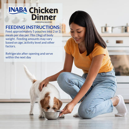 Premium USA imported INABA chicken dinner dog food pouches arranged neatly outside the variety pack box.