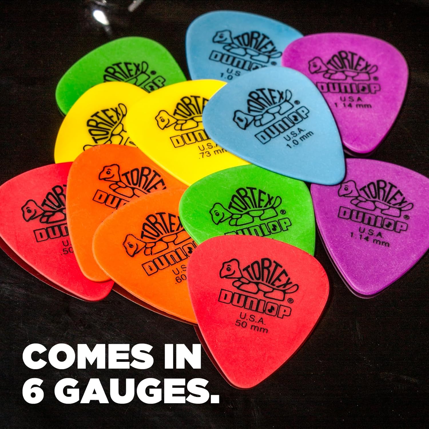 Jim Dunlop Tortex standard series blue tone guitar picks twelve count setup view.