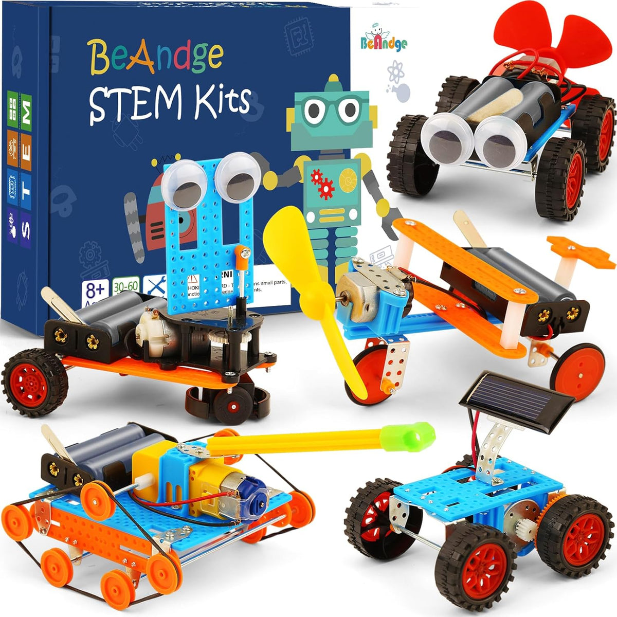 BeAndge 5-in-1 STEM robotics science kit front packaging view displaying buildable electronic projects