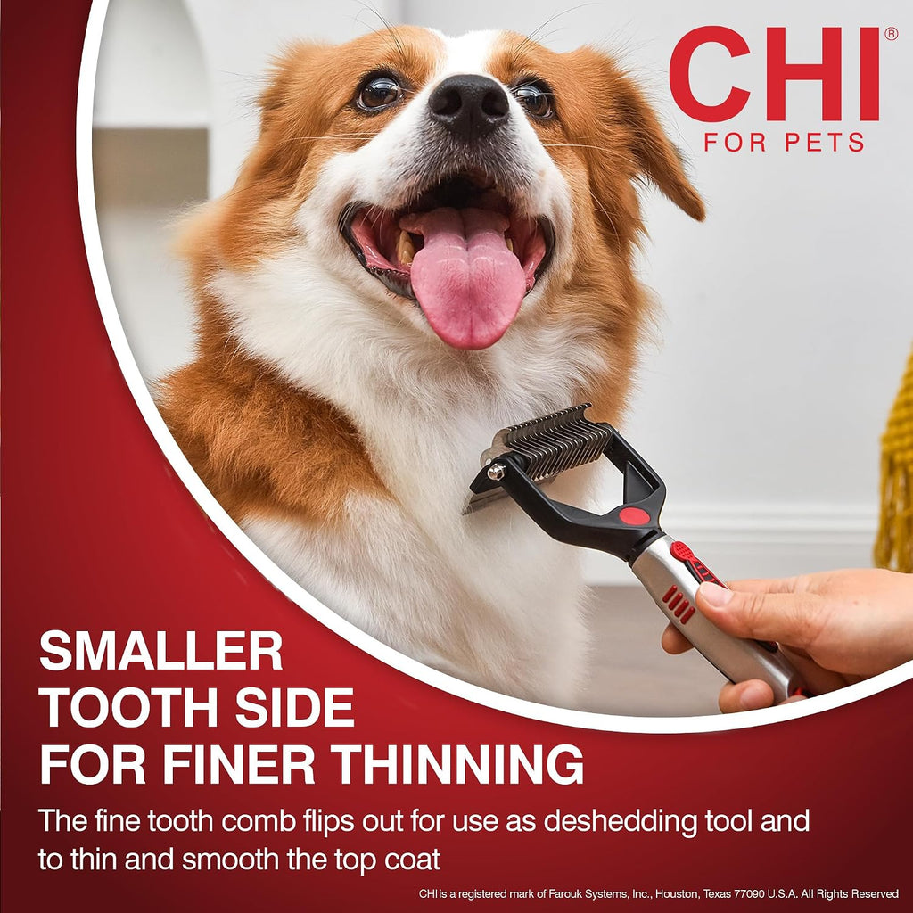 Close up of CHI grooming rake stainless steel rounded blades