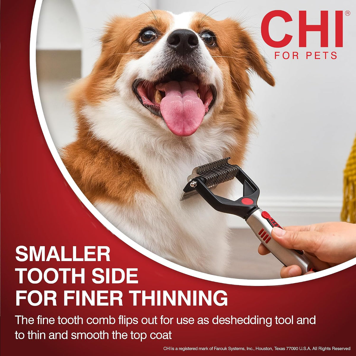 Close up of CHI grooming rake stainless steel rounded blades
