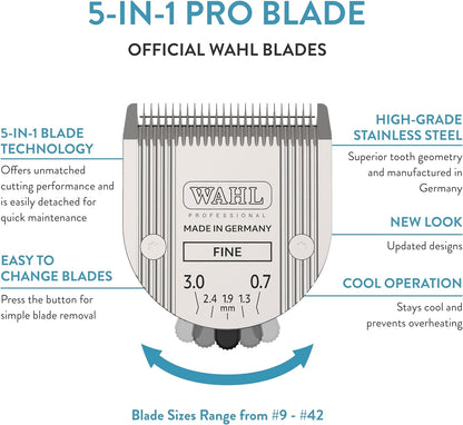 Wahl stainless steel replacement blade showing five adjustable size markings