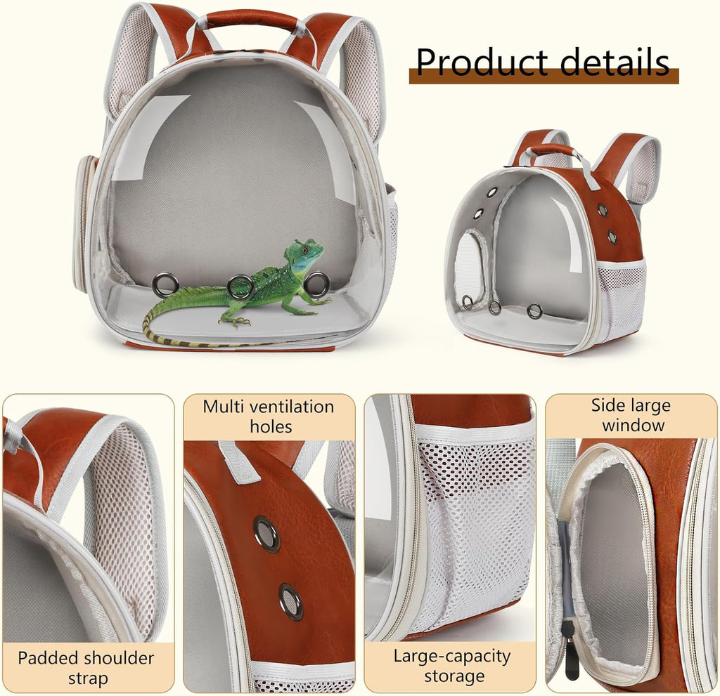 Bearded Dragon Carrier Backpack with Two Security Printing Harness with Leash Sets, Reptile Lizard Travel Bag to Carry and Transport Small Animal Kitten Bunny Guinea Pig to Vet(Brown, PU Leather) - Image 5