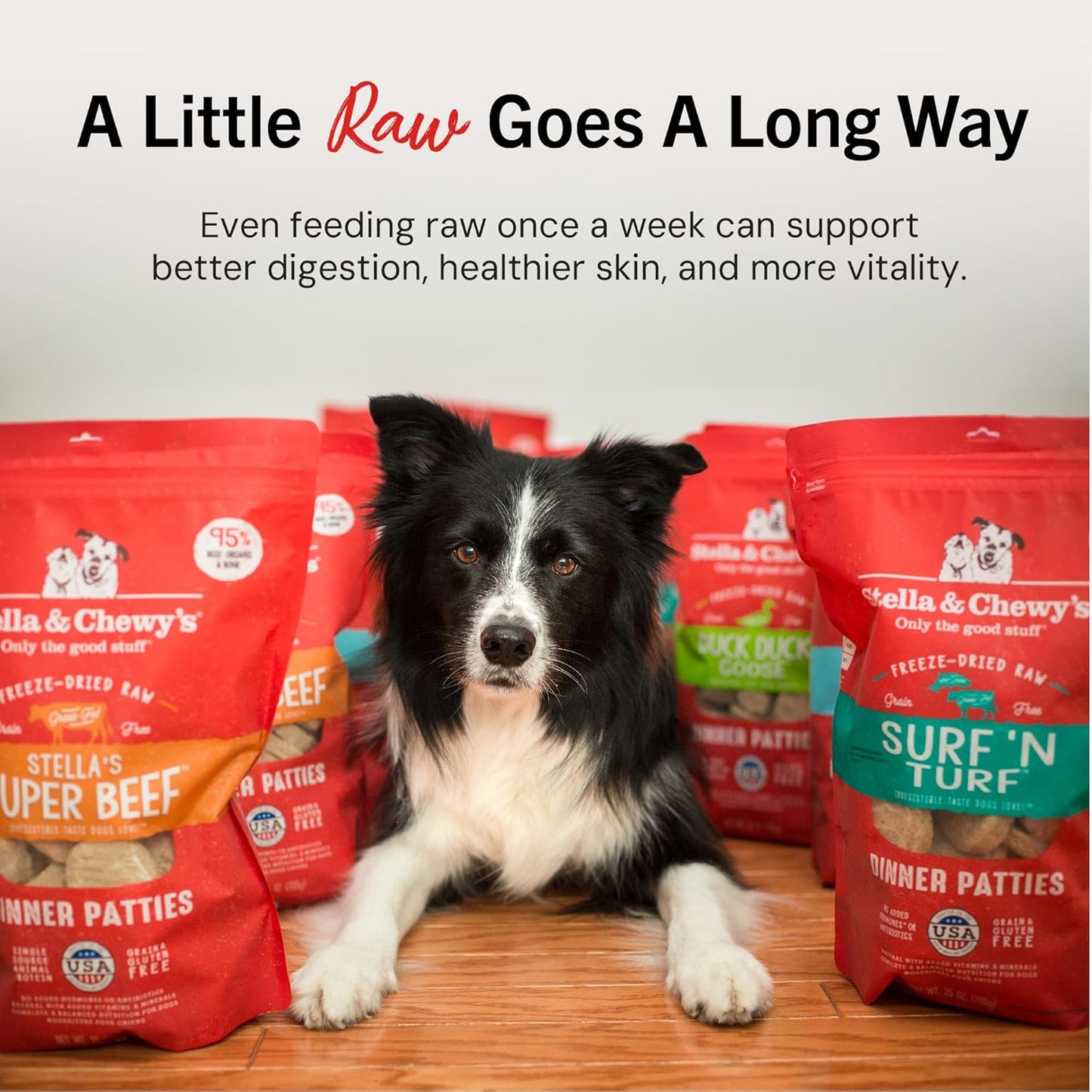 Authentic imported Stella & Chewy's USA dog food package highlighting DHA and probiotics.