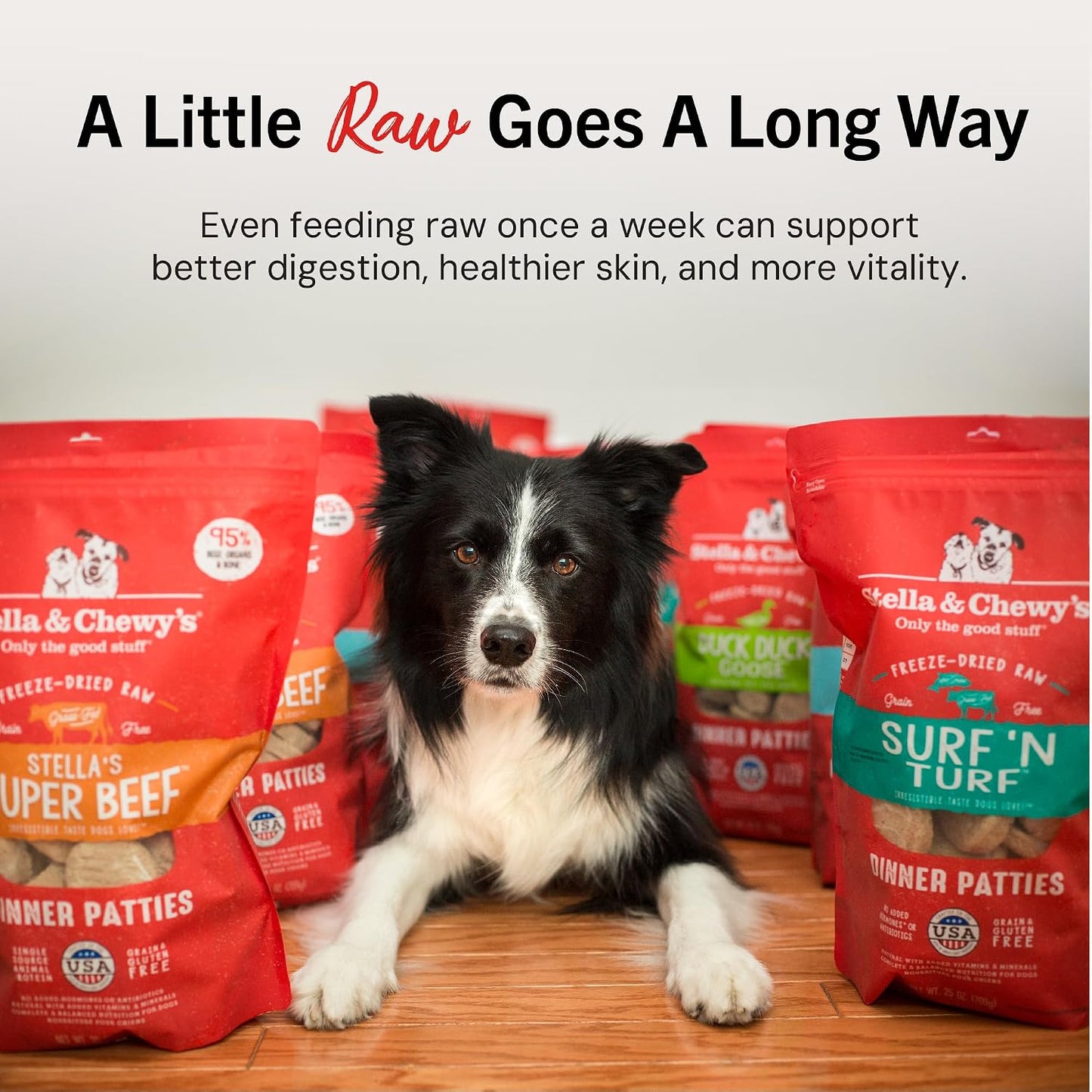 Premium imported USA dog food bag alongside organic fruits and vegetables like pumpkin seeds and fresh cranberries.
