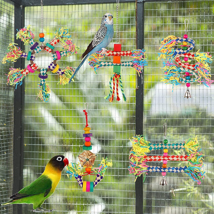 Small parrot pecking at a hanging bamboo chew toy inside a cage