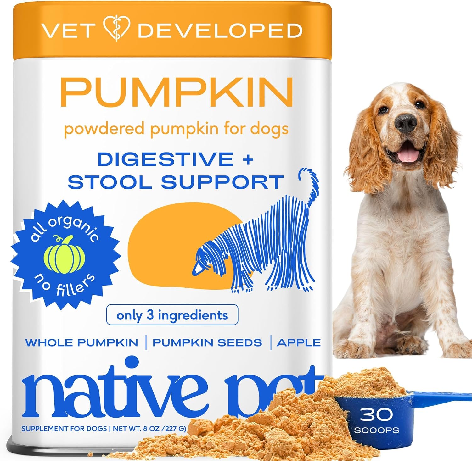 Native Pet Organic Pumpkin Powder for dogs front of container