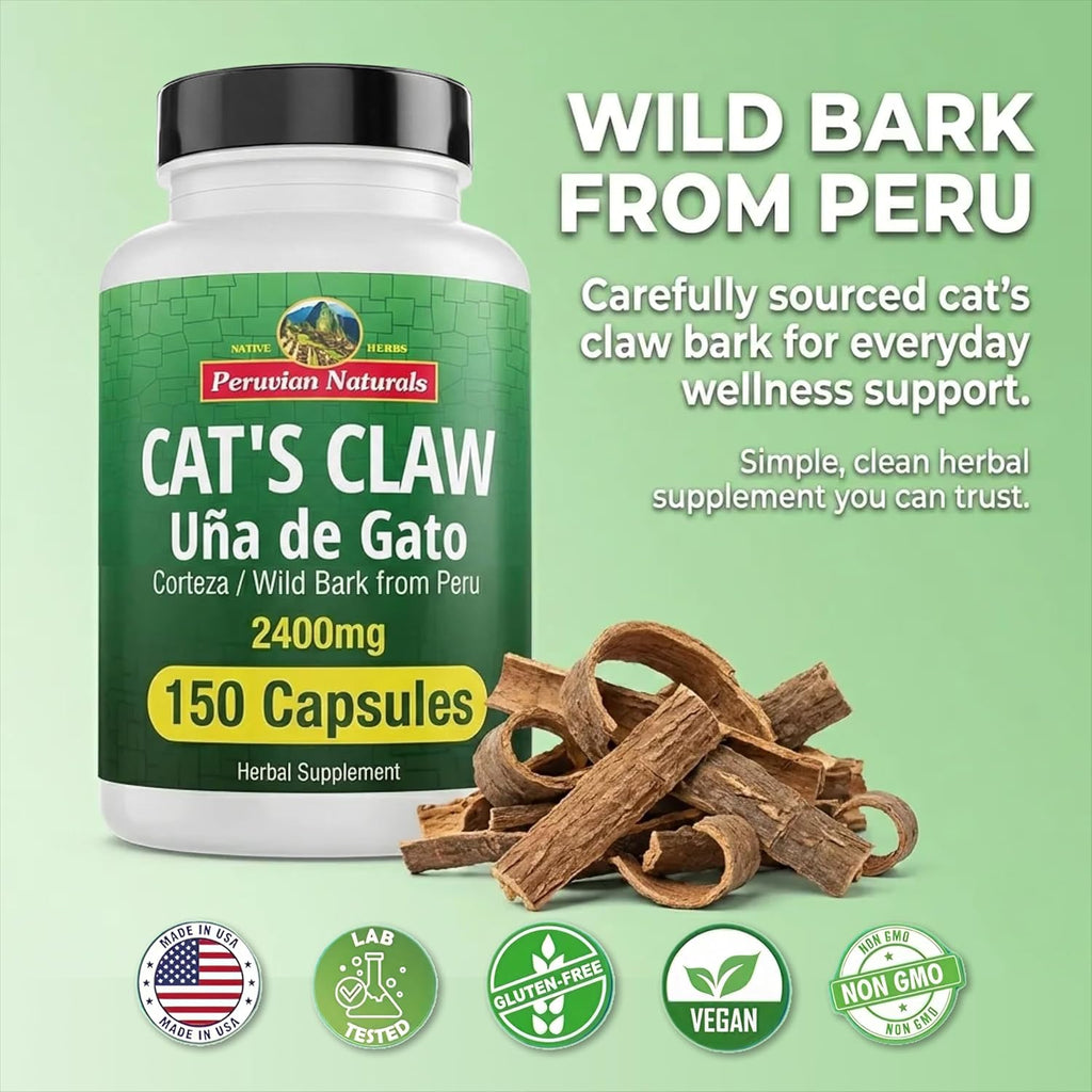 Peruvian Naturals Cat's Claw 150 capsules label details showing 2400 milligrams potency