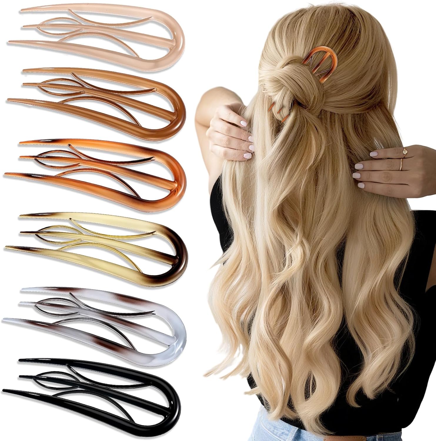 Tiefebene French hair pins front view showing six tortoise shell and solid color U-shaped hair forks for women.