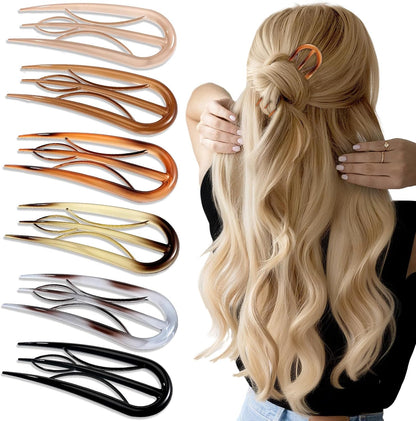 Tiefebene French hair pins front view showing six tortoise shell and solid color U-shaped hair forks for women.
