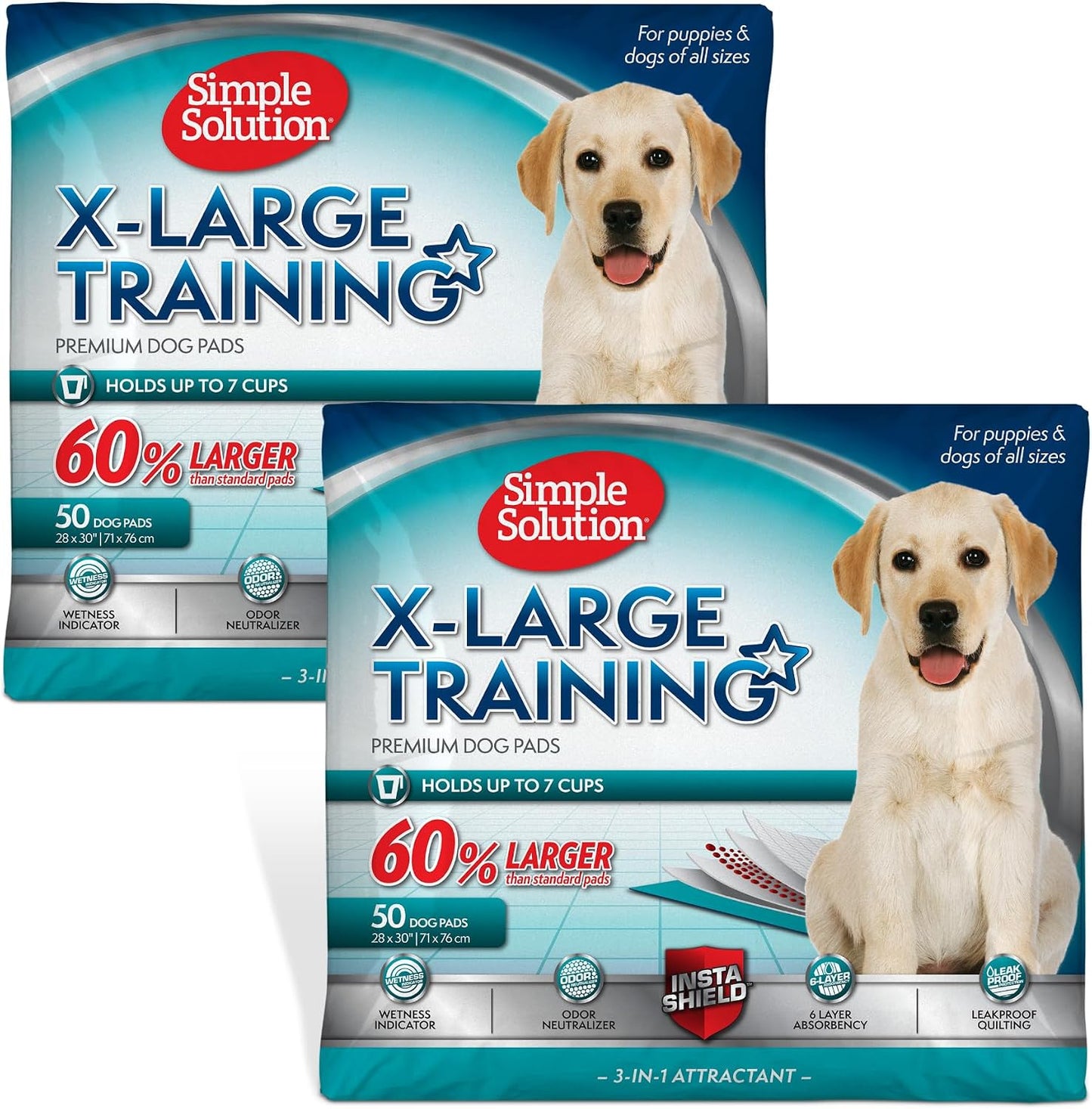Simple Solution puppy essentials dog pee pads showcasing the moisture locking tech design