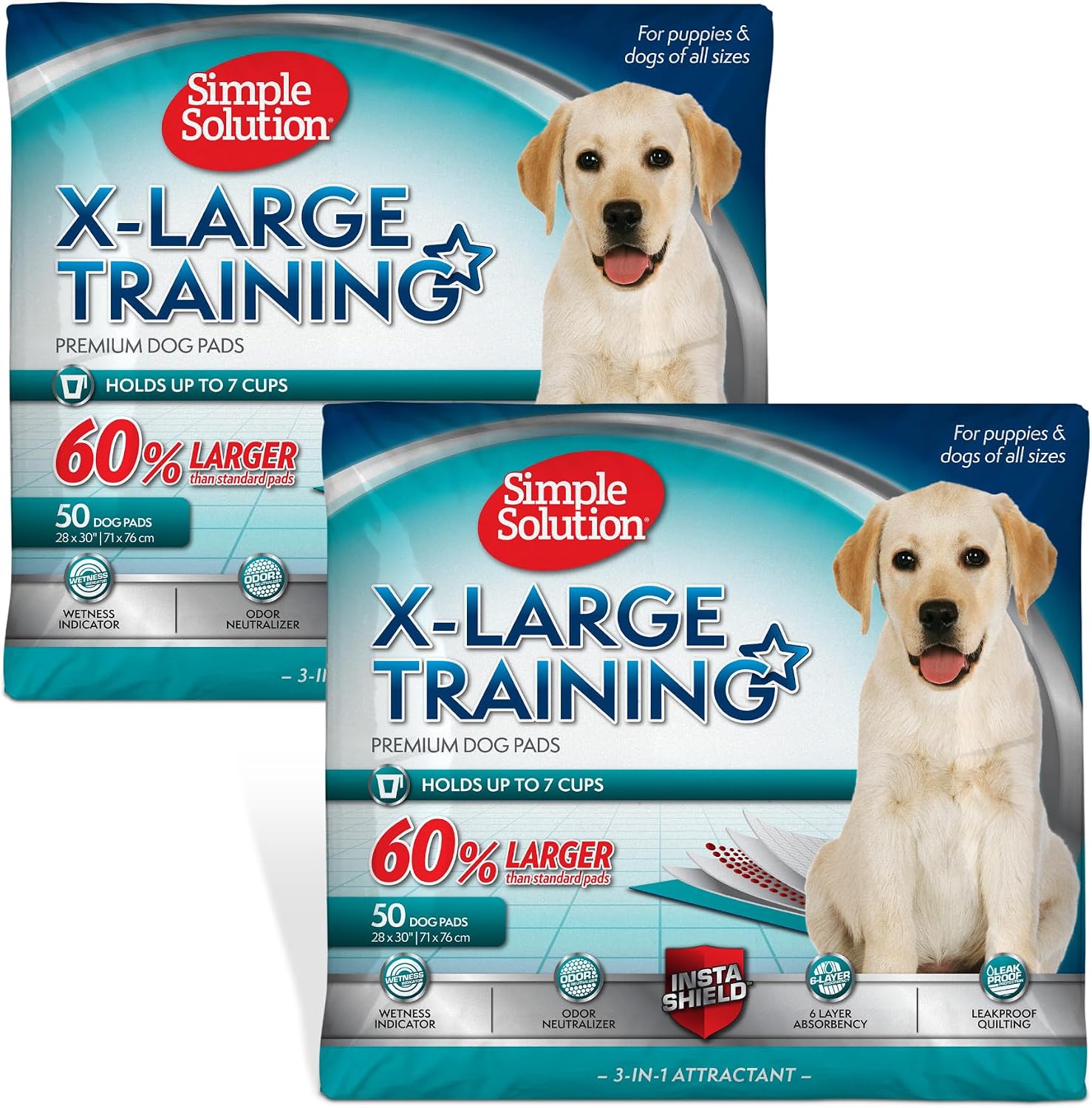 Simple Solution puppy essentials dog pee pads showcasing the moisture locking tech design