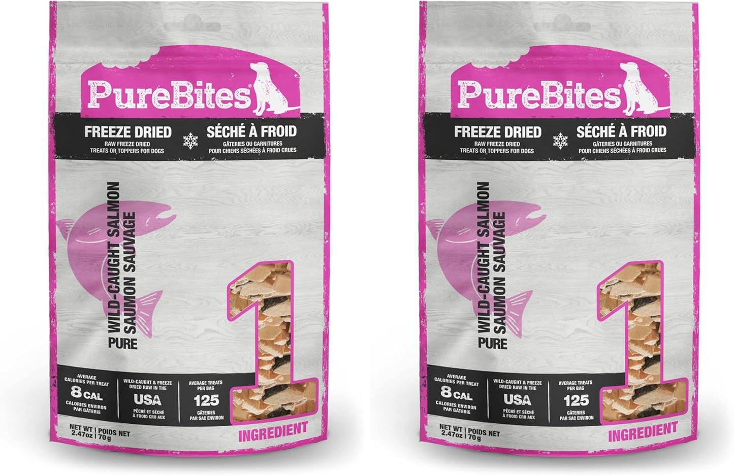 Single ingredient pet snack bag showing the natural texture of premium wild caught salmon