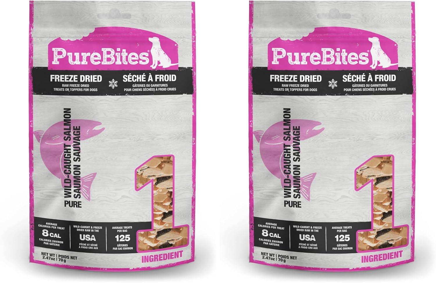 Single ingredient pet snack bag showing the natural texture of premium wild caught salmon