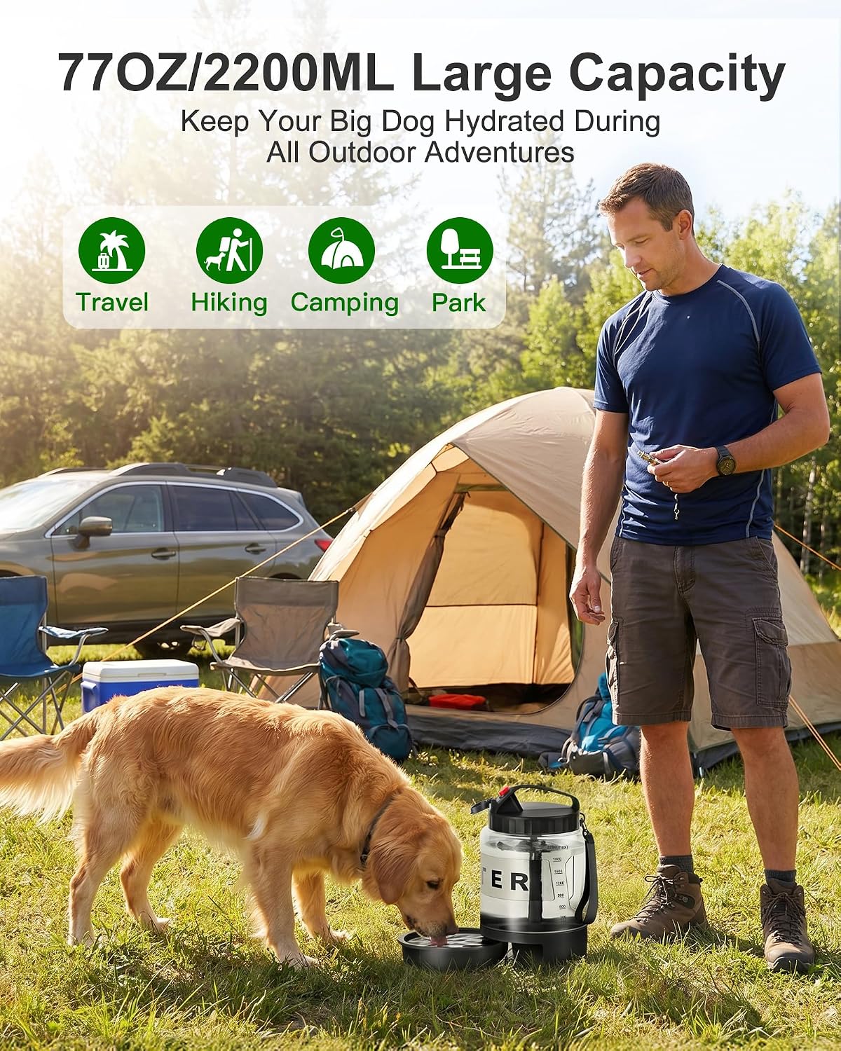 Large travel dog water dispenser with the integrated drinking bowl extended.