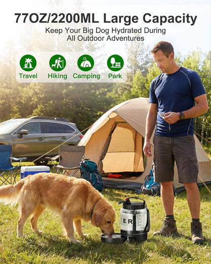 Large travel dog water dispenser with the integrated drinking bowl extended.