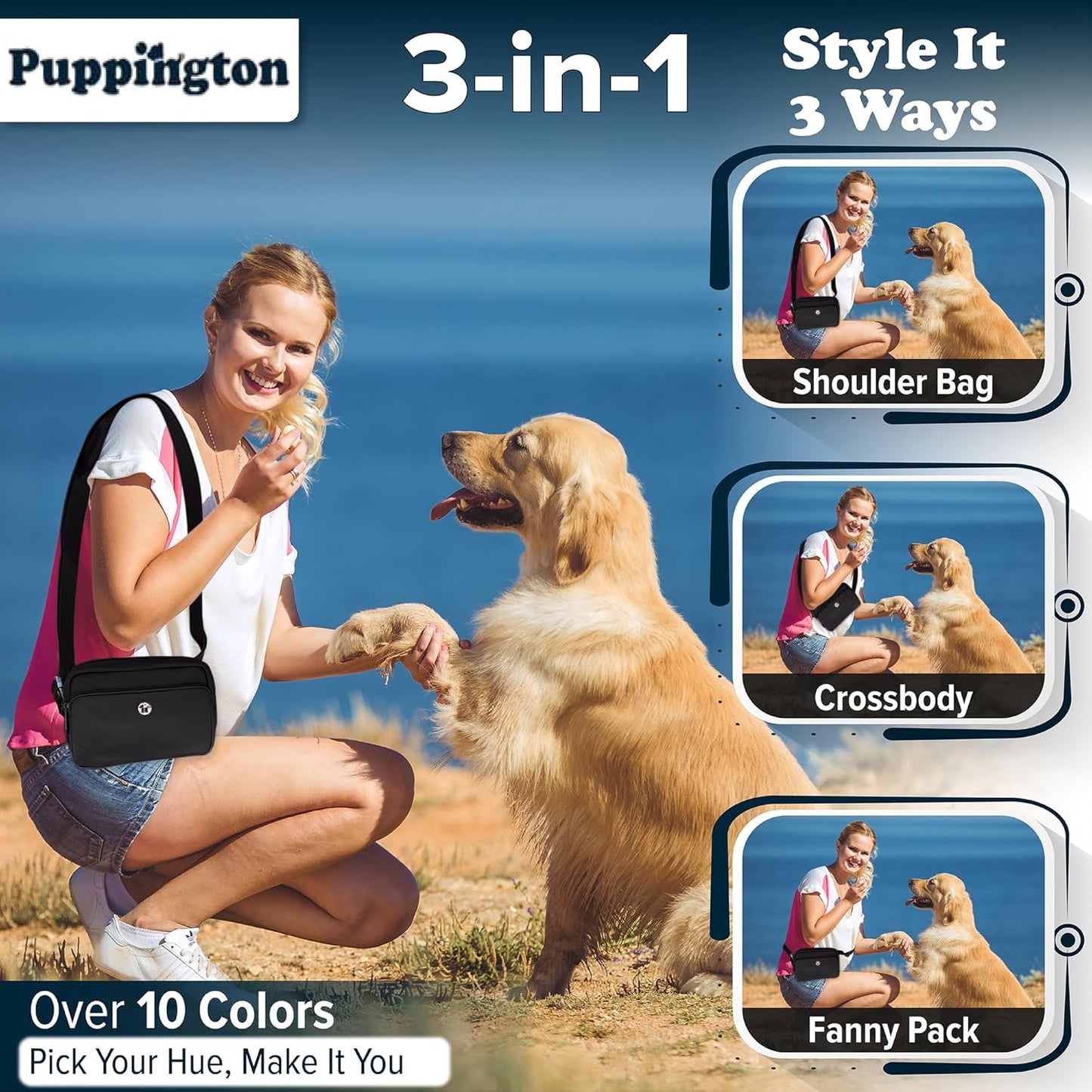 Puppington Onyx Black dog treat pouch being worn as a hands-free waist fanny pack