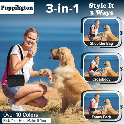 Puppington dog walking bag with integrated treat pocket and poop bag dispenser