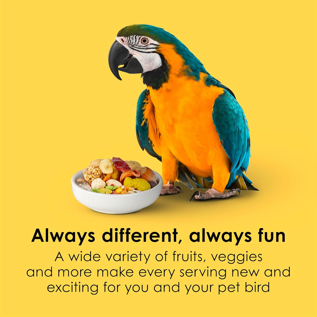 Nutritional label and ingredient list on Kaytee Fiesta Macaw Food packaging
