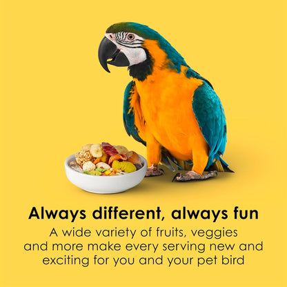 Back of Kaytee Fiesta Macaw food bag showing nutritional information