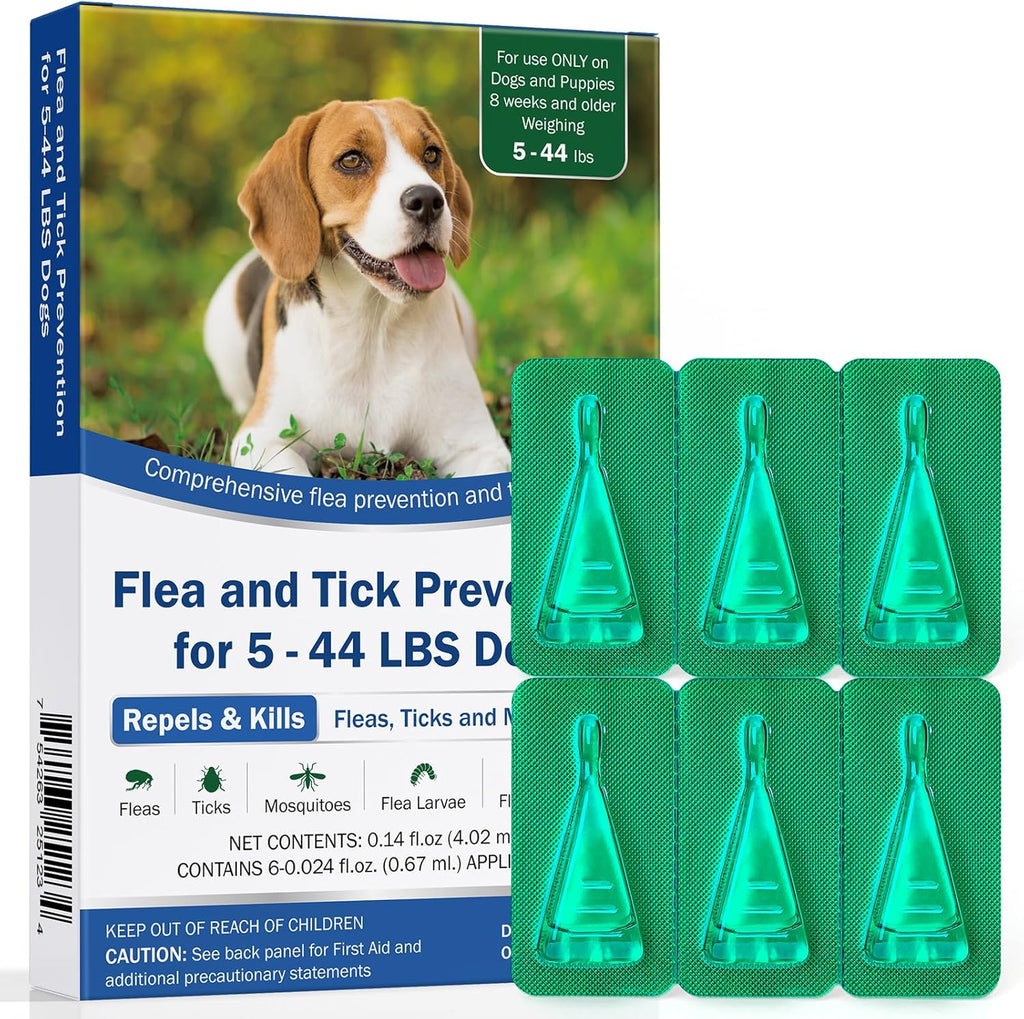 Besgiful flea and tick prevention for dogs front packaging view showing small and medium dog weight range.