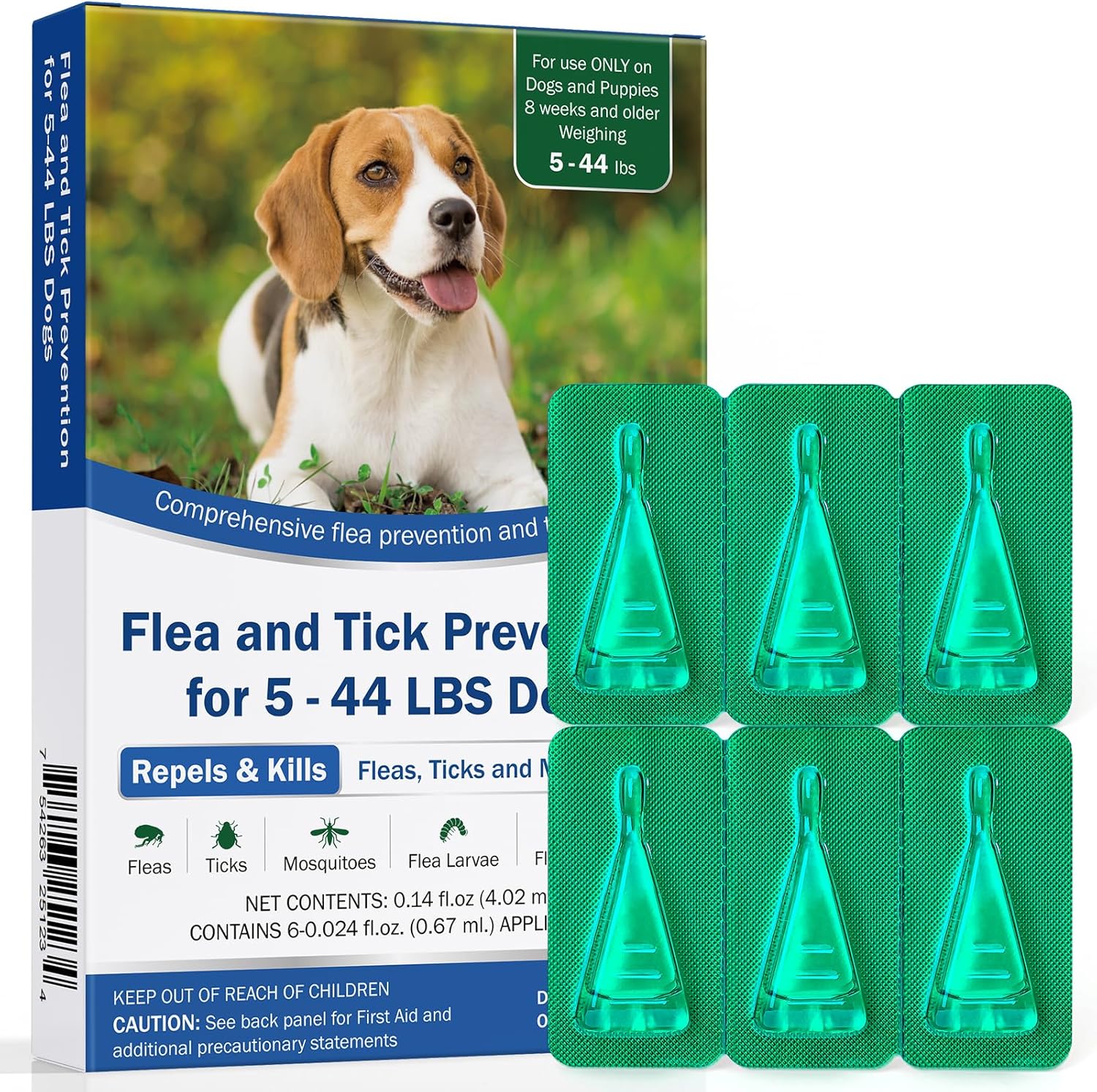 Besgiful flea and tick prevention for dogs front packaging view showing small and medium dog weight range.