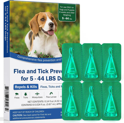 Besgiful flea and tick prevention for dogs front packaging view showing small and medium dog weight range.