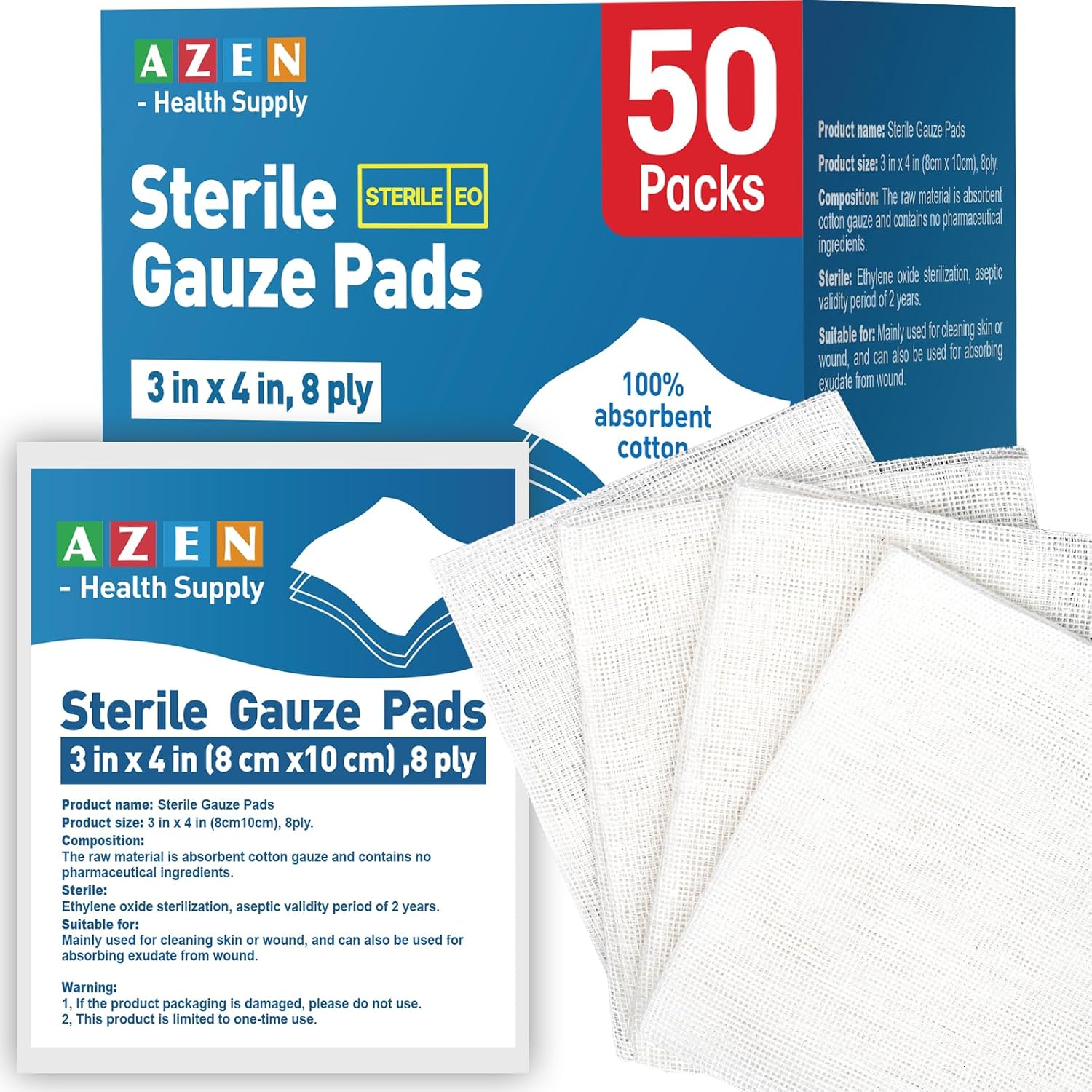 AZEN sterile gauze pads 50 pack front view packaging for first aid wound care