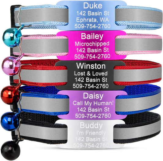 GoTags reflective cat collar pink front view with personalized engraved nameplate