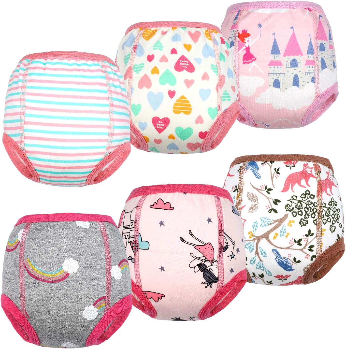MooMoo Baby toddler potty training pants front view showing cute cartoon patterns for boys and girls.