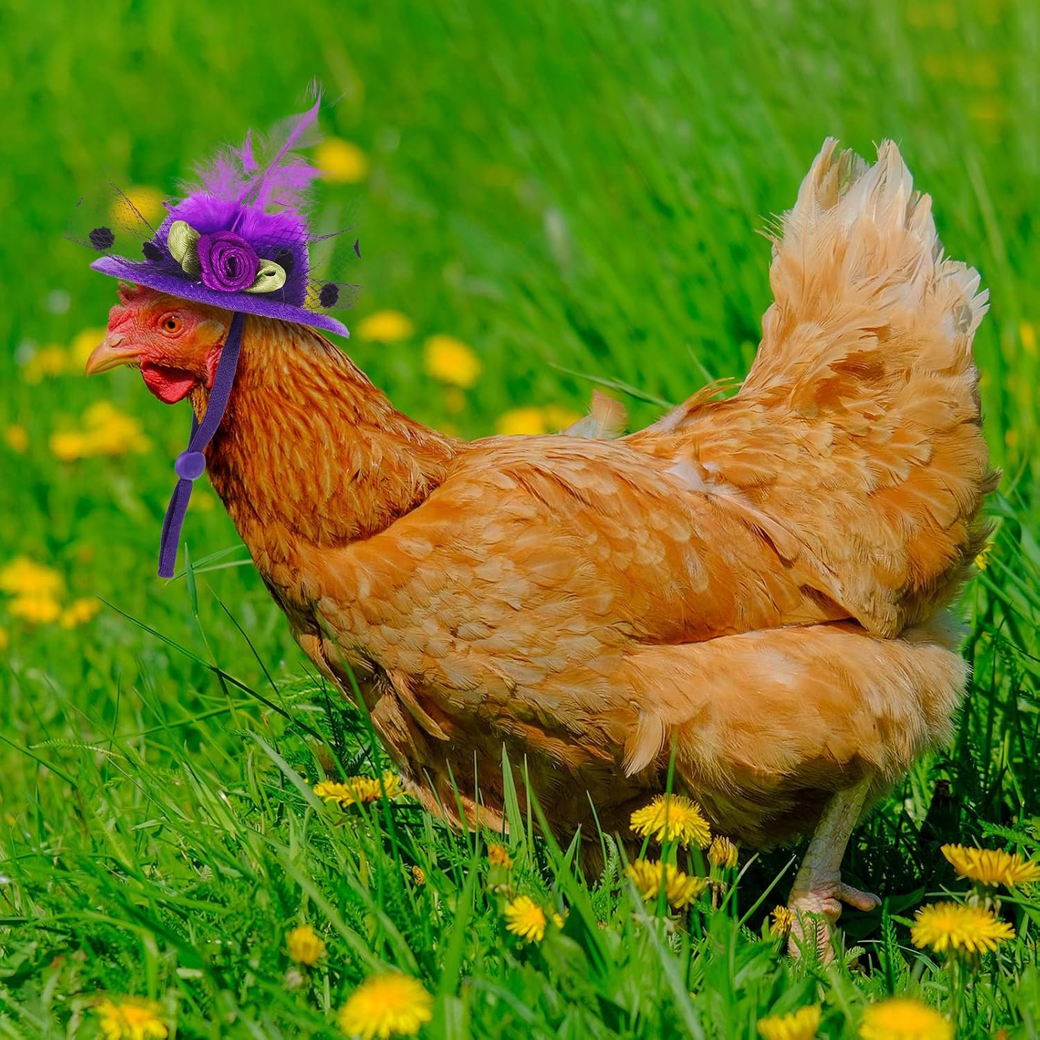 Close up view of the pink and red Weewooday pet hats for poultry dress up.