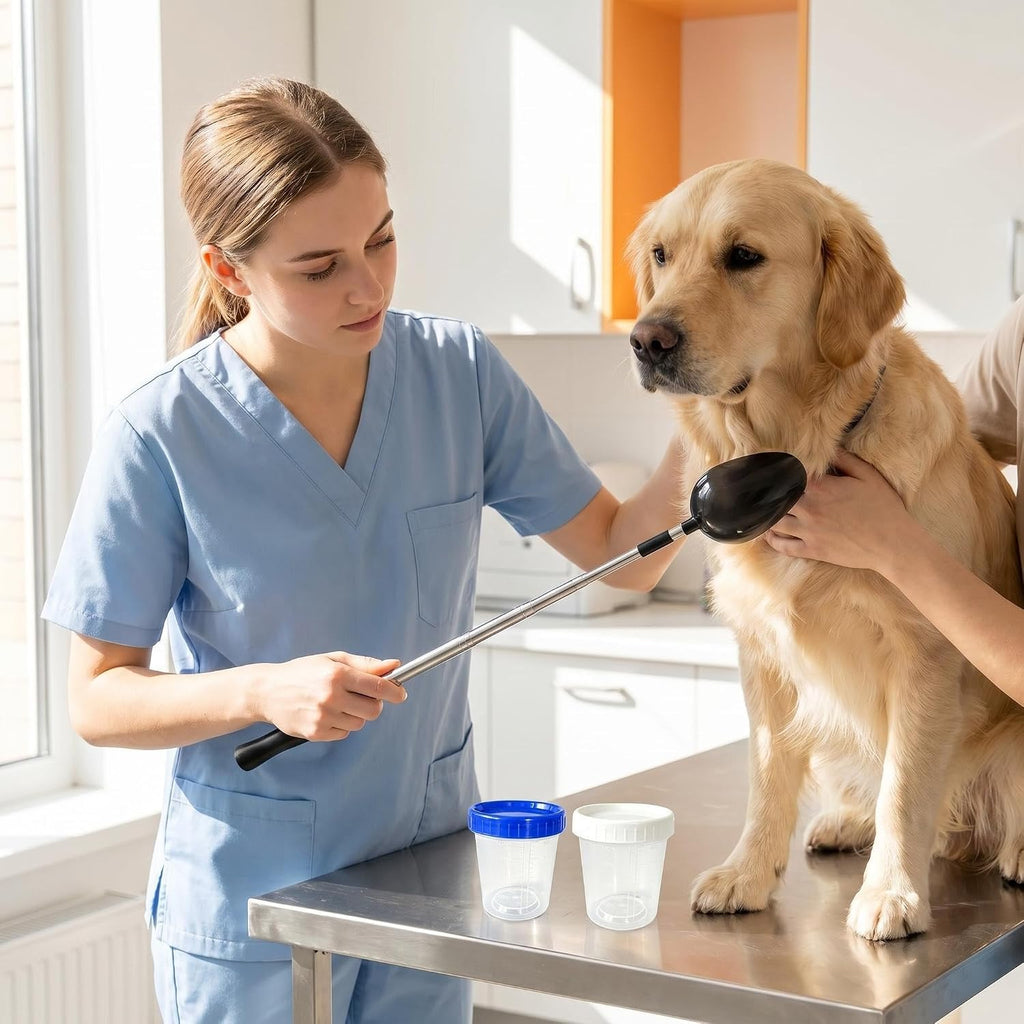Complete pet urine test supplies kit package containing cups spoons and extendable rod