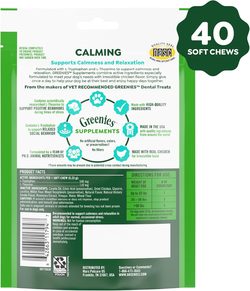 Greenies Supplements Calming Chews for Dogs Chicken Flavor, Dog Calming Chews, 7.3 oz. Container of 40 Count - Image 2