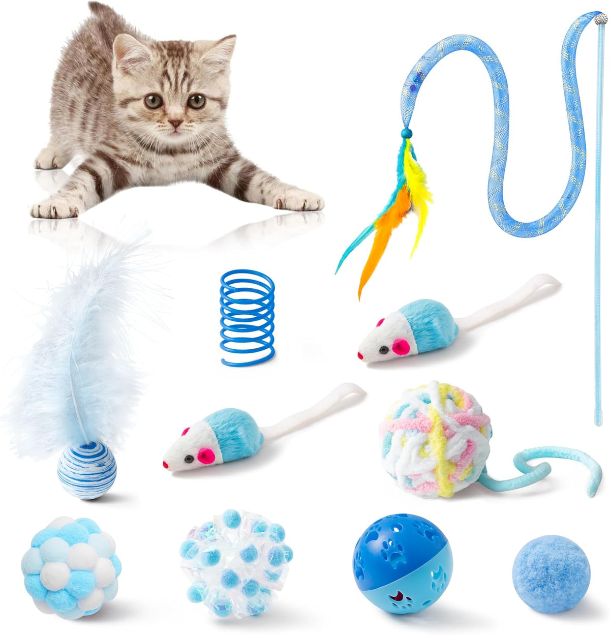 MALLMALL6 Cat Toy Set Interactive Cat Toys 27Pcs Pack Stuff Pink Feather Teaser Wand Springs Mice Sisal Fish Crinkle Balls Bell Balls, Puzzle Pack for Indoor Kitty Play Exercise - Image 11