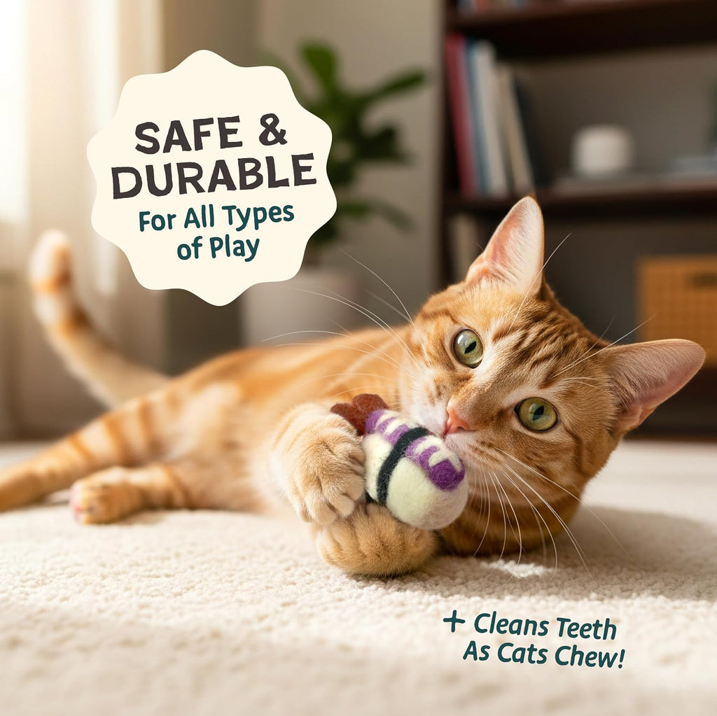 Artisan made catnip free wool sushi roll interactive enrichment toys for bored cats