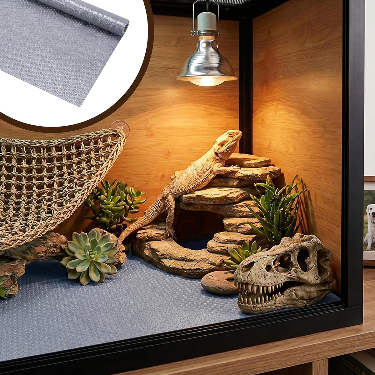 Helidrago lizard enclosure liner mat installed under a basking spot